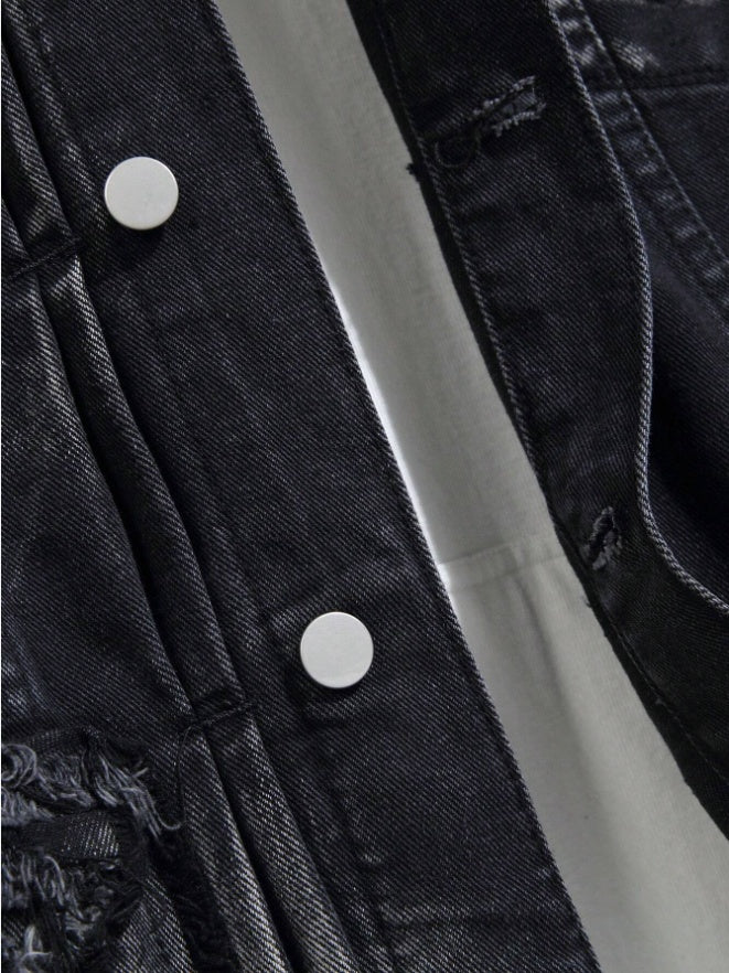 Men's Distressed Black Denim Trucker Jacket