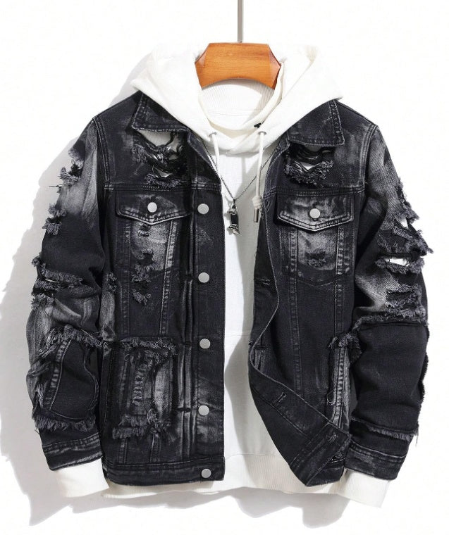 Men's Distressed Black Denim Trucker Jacket
