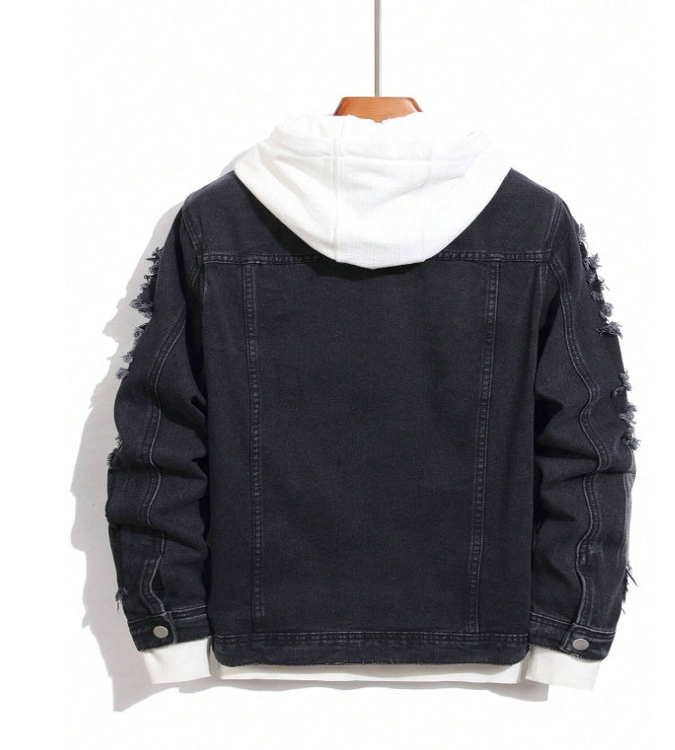 Men's Distressed Black Denim Trucker Jacket