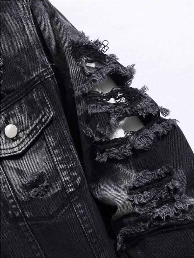 Men's Distressed Black Denim Trucker Jacket