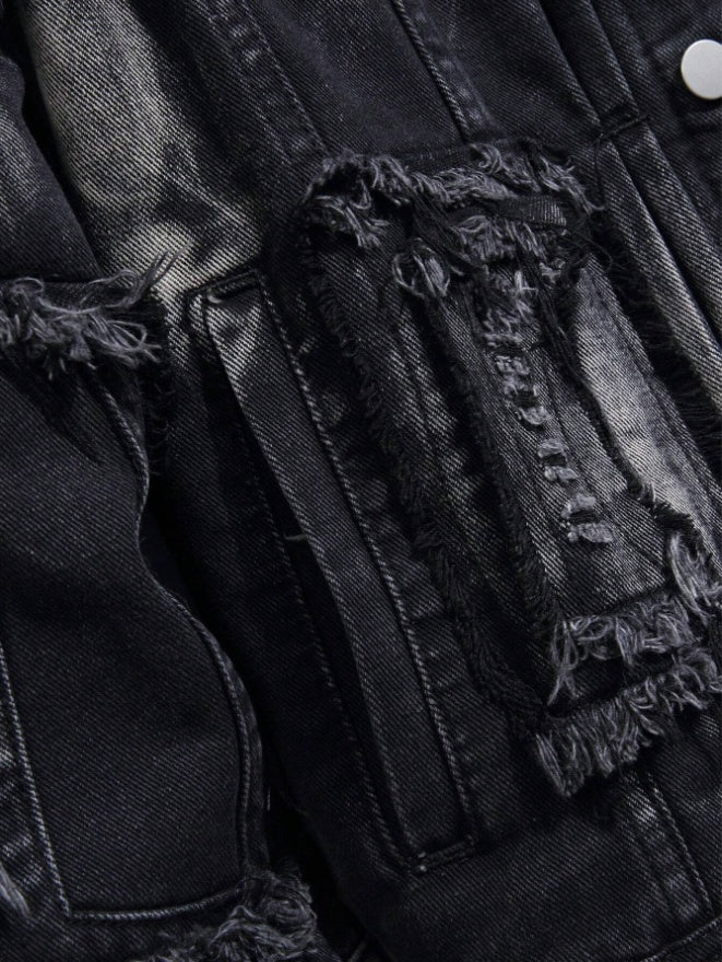 Men's Distressed Black Denim Trucker Jacket