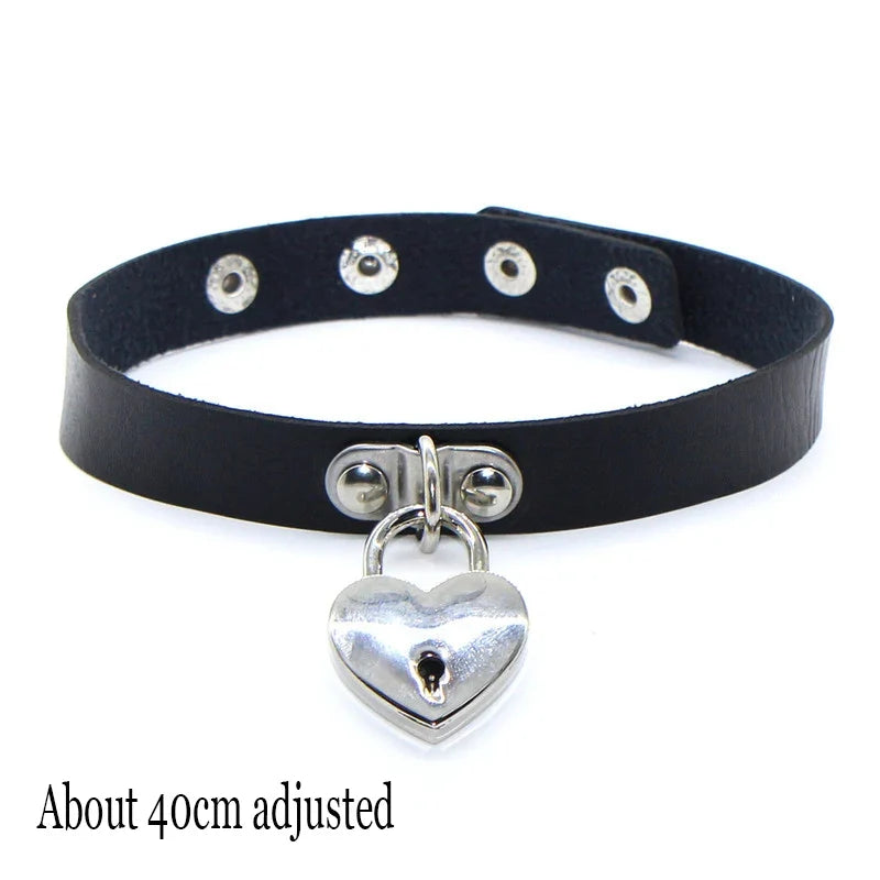 Gothic Bat Heart Lock Punk Choker | Black Leather Collar Necklace