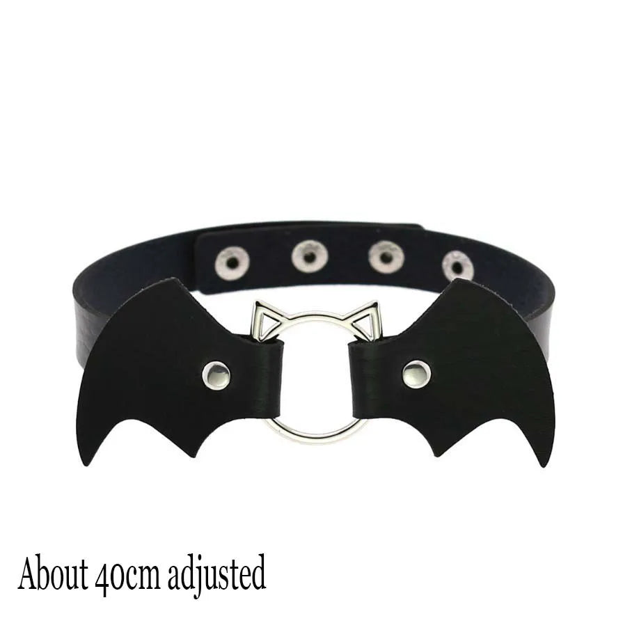 Gothic Bat Heart Lock Punk Choker | Black Leather Collar Necklace