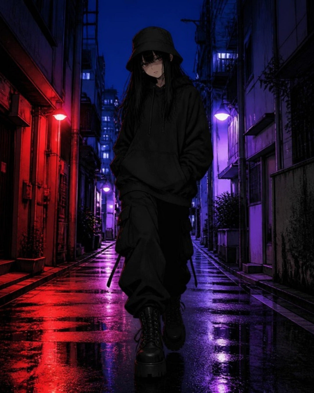 Manga illustration of a girl in an oversized black hoodie and bucket hat walking through a neon Tokyo alley at night