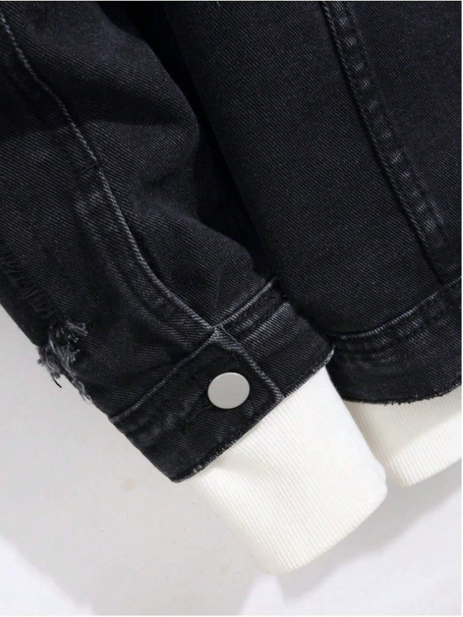 Men's Distressed Black Denim Trucker Jacket