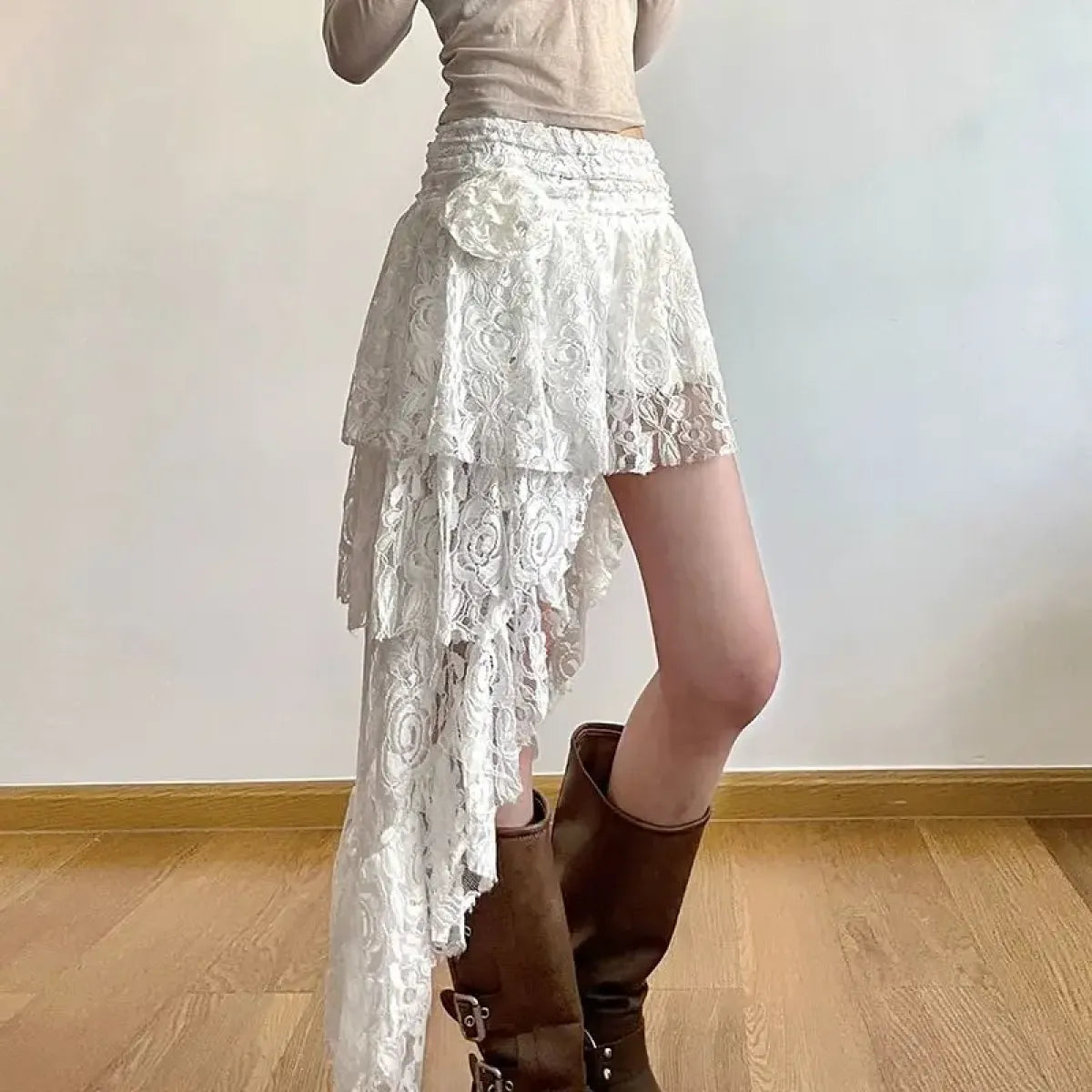 White Asymmetrical Lace Skirt – Fairycore Boho Irregular Skirt