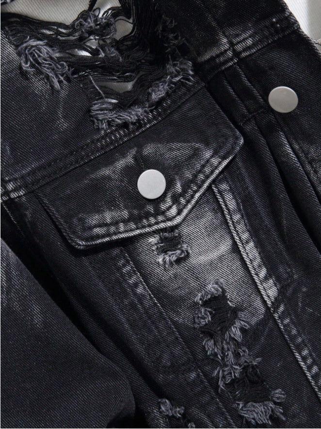 Men's Distressed Black Denim Trucker Jacket