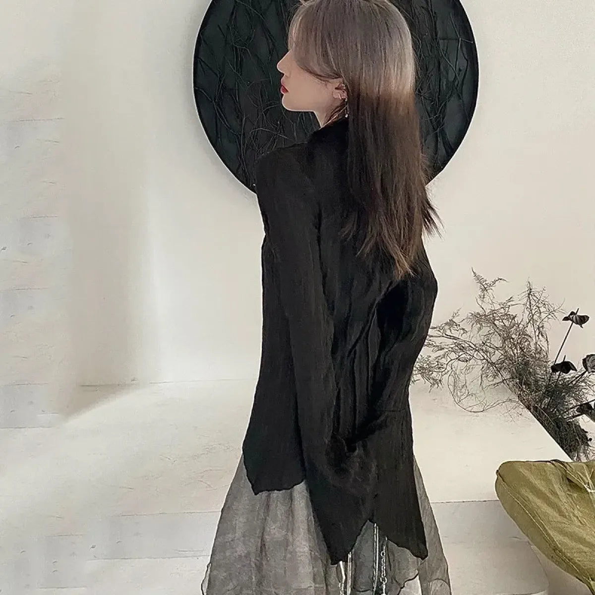 Black Gothic Irregular Shirt – Dark Aesthetic Grunge Blouse