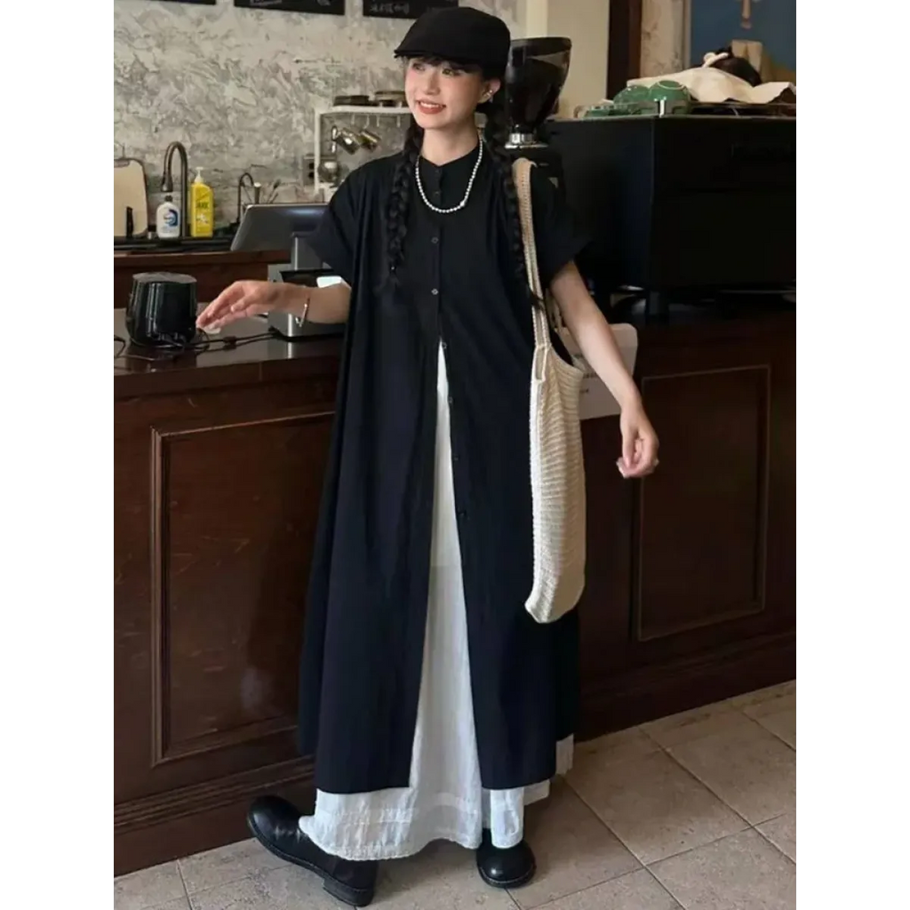 Black Oversized Kimono Shirt Dress – Gothic Casual Summer Style