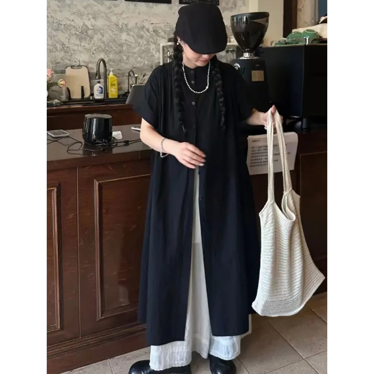 Black Oversized Kimono Shirt Dress – Gothic Casual Summer Style