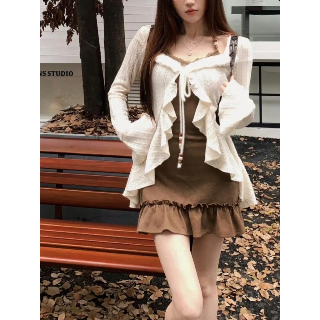 Retro Slim Camisole Dress & Ruffle Knit Cardigan