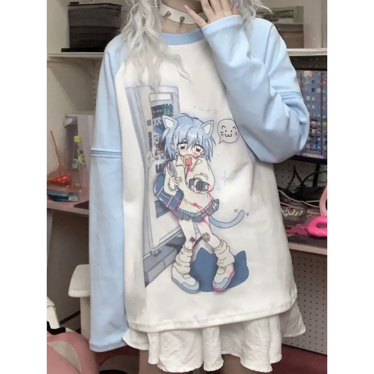 Dreamy Detachable Sleeve Tee – Kawaii Cat & Anime Harajuku Style Top