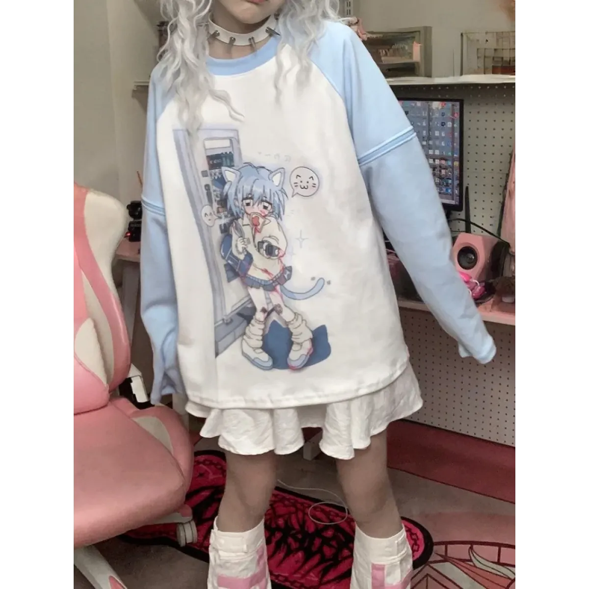 Dreamy Detachable Sleeve Tee – Kawaii Cat & Anime Harajuku Style Top