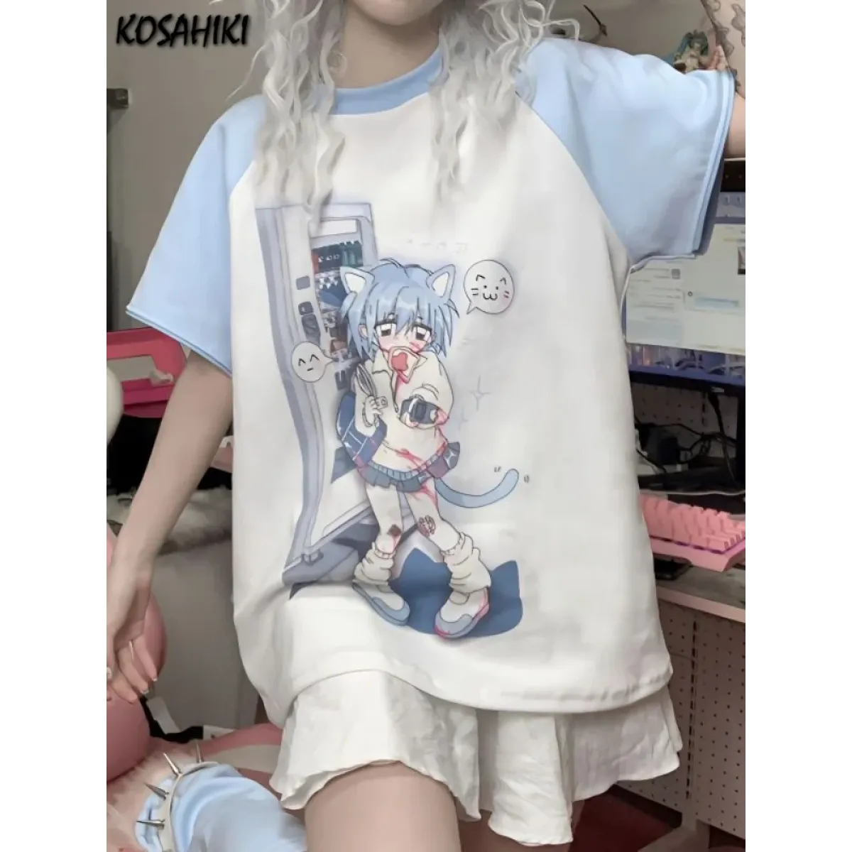 Dreamy Detachable Sleeve Tee – Kawaii Cat & Anime Harajuku Style Top