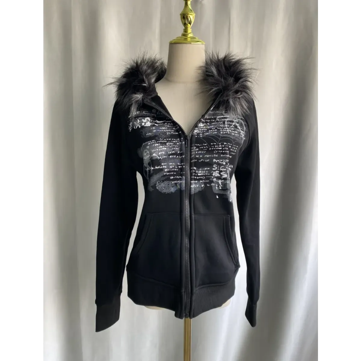 Black Gothic Grunge Fur Hooded Jacket