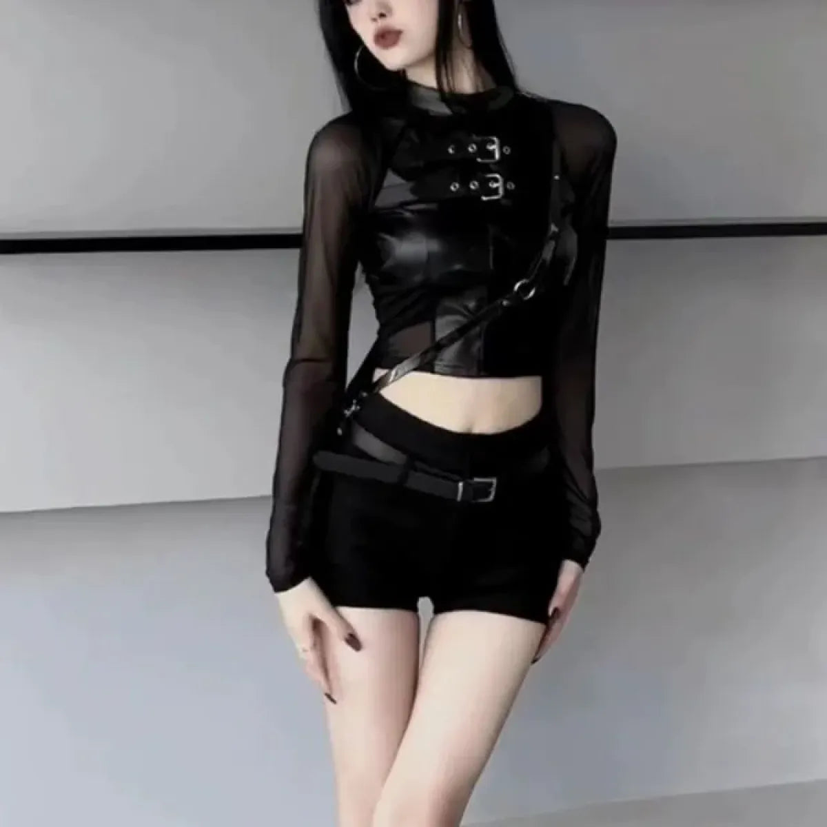Faux Leather Mesh Crop Top – Harajuku Y2K E-Girl Streetwear