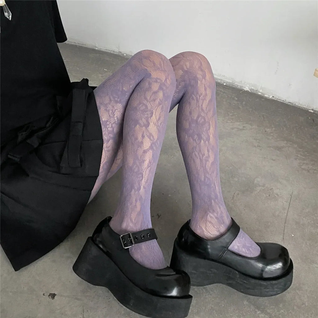 Floral Mesh Harajuku Tights – Embroidered Fishnet Pantyhose