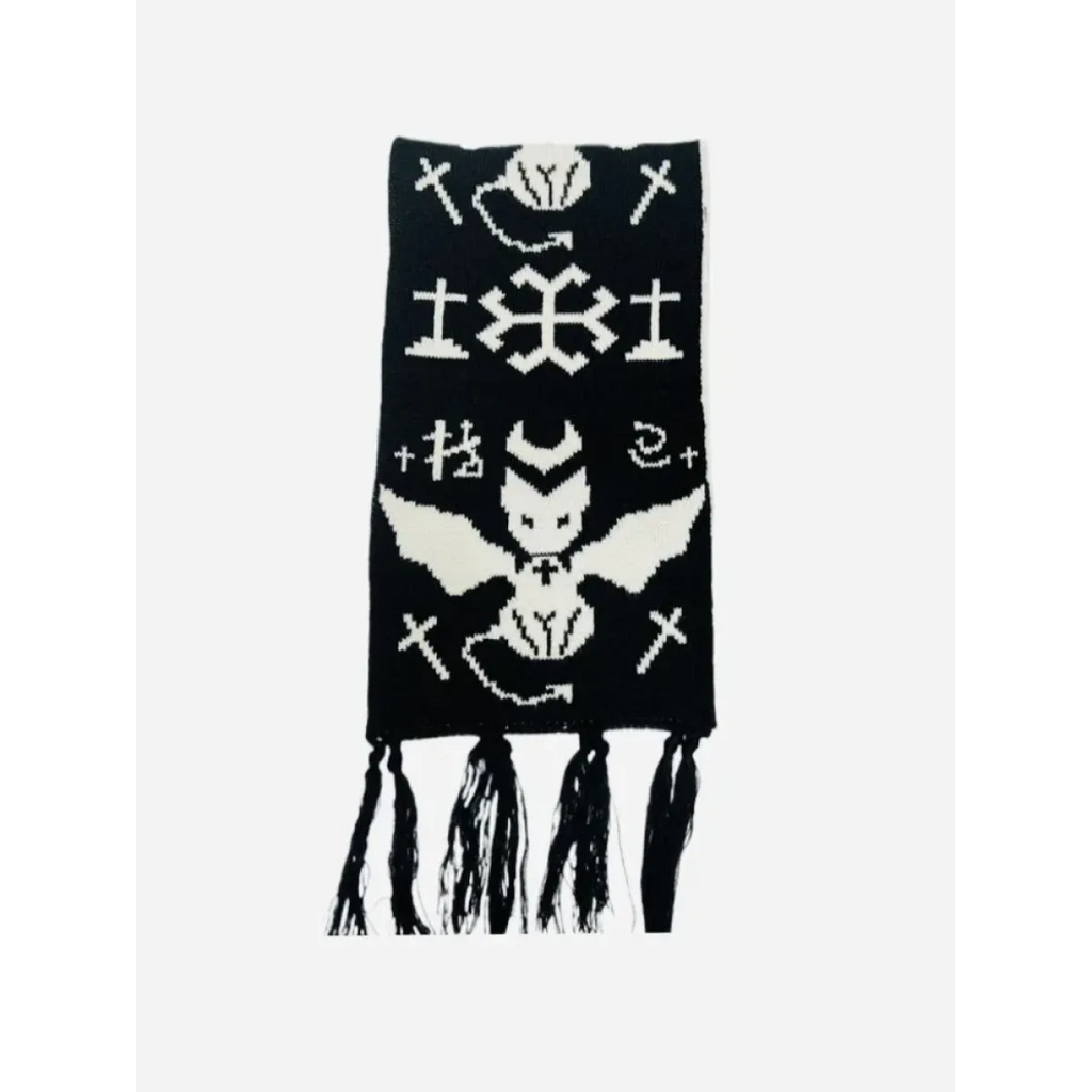 Gothic Cat Print Tassel Scarf