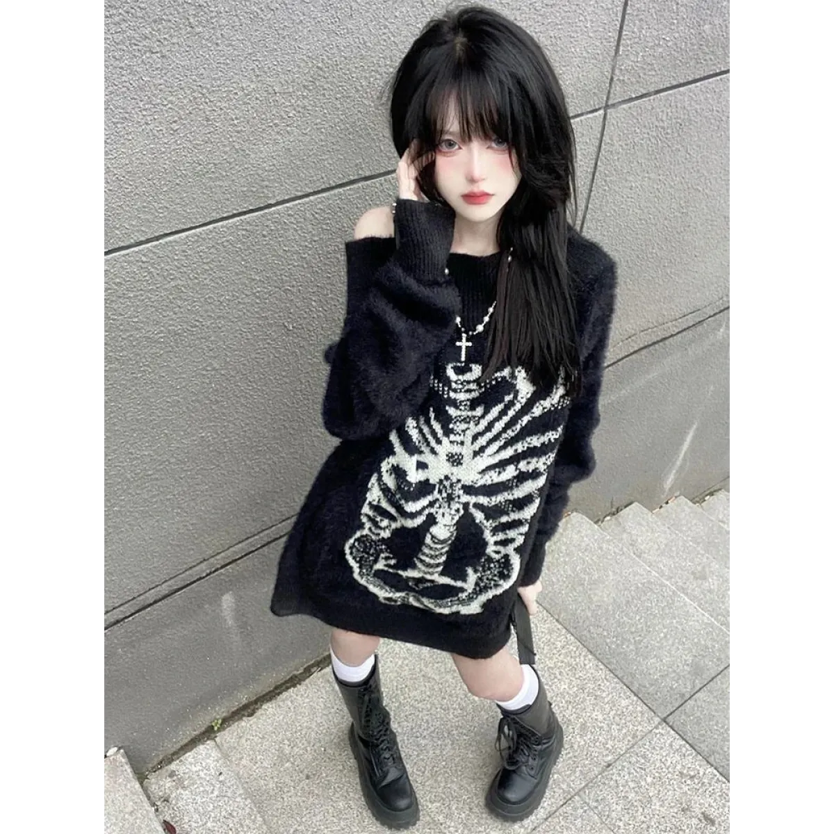 Skull Print Knit Sweater