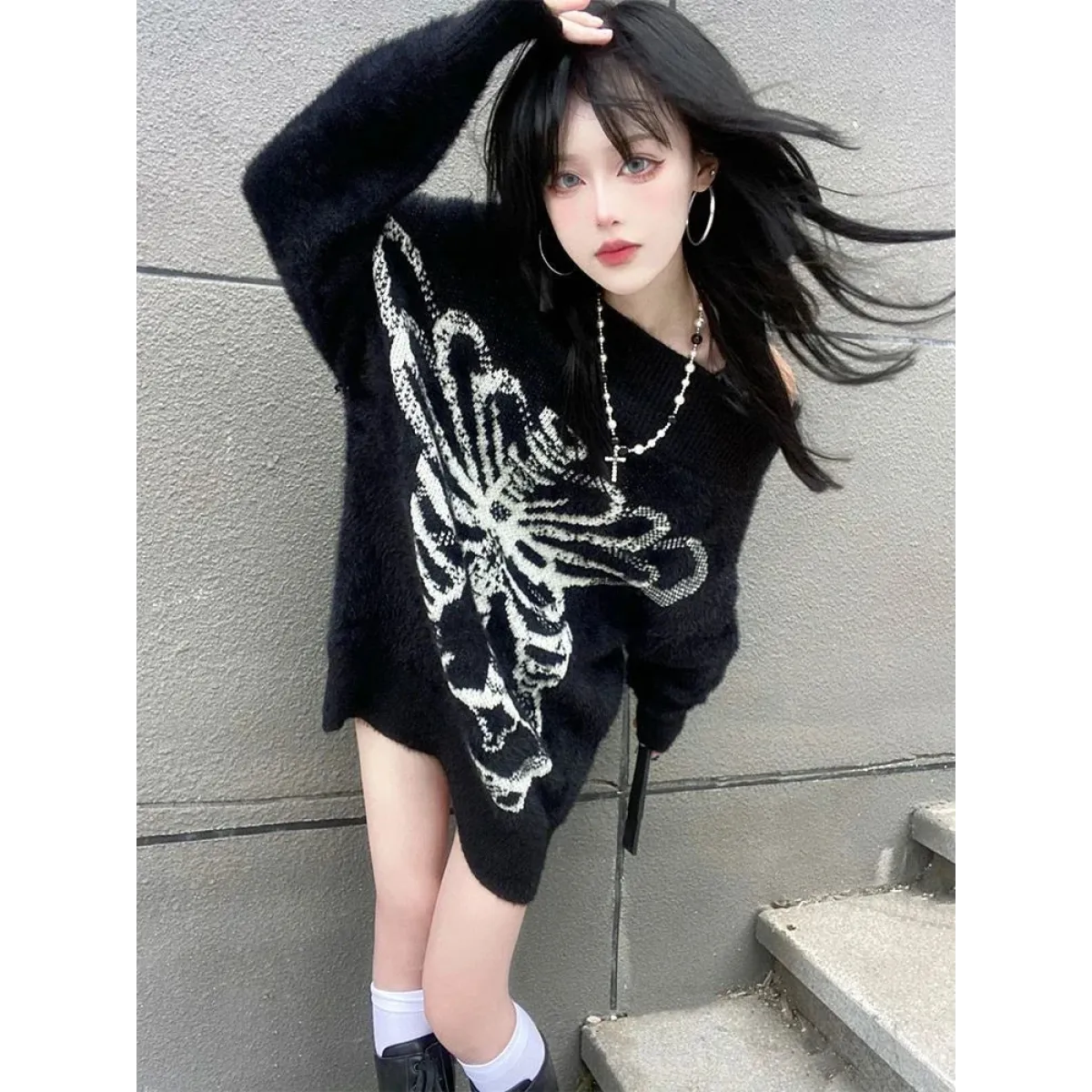 Skull Print Knit Sweater