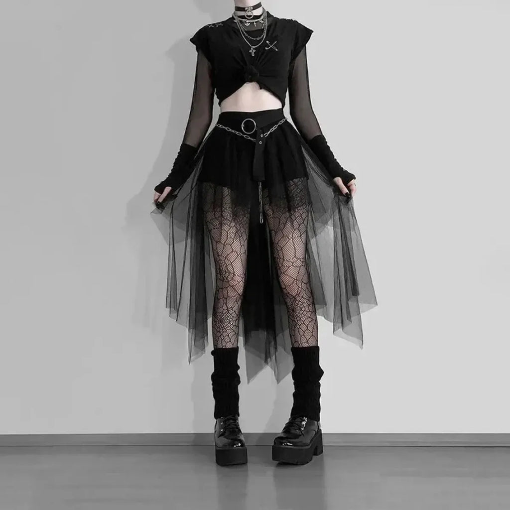 Gothic Harajuku Irregular Tulle Skirt – Y2K High Waist Layered Skirt