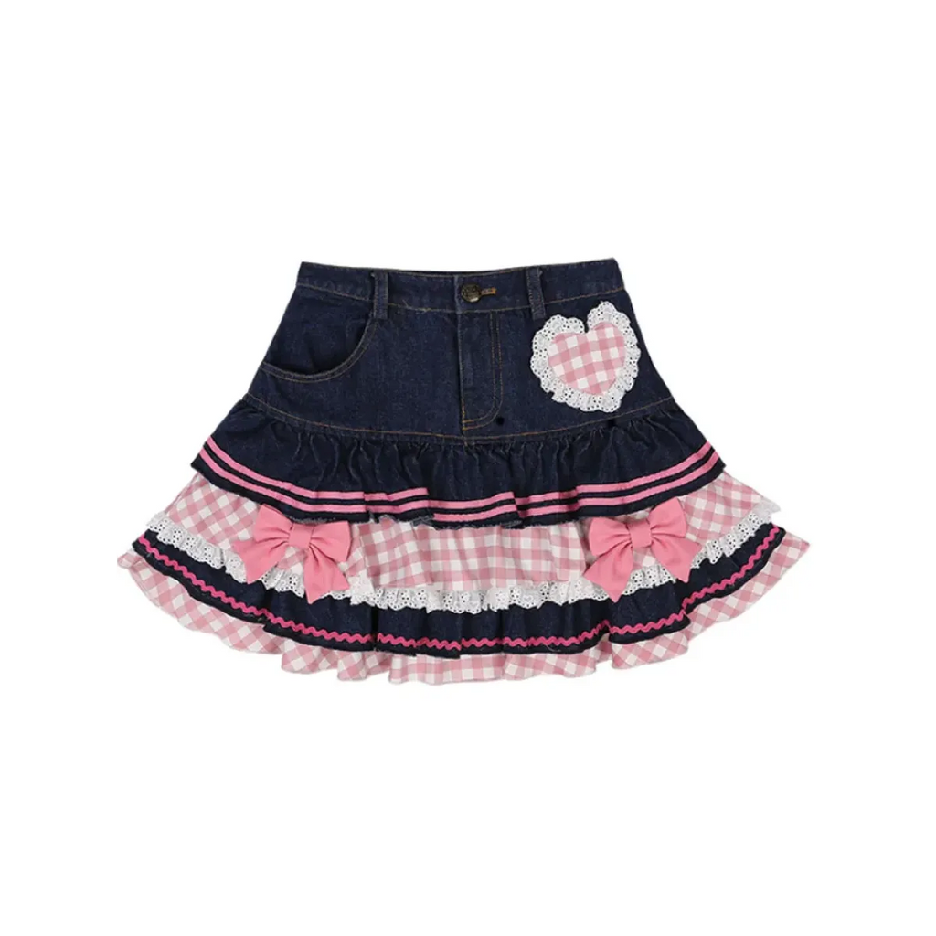 Sweet Mini Denim Skirt - Gothic Lace Plaid Hearts Ruffled Skirt