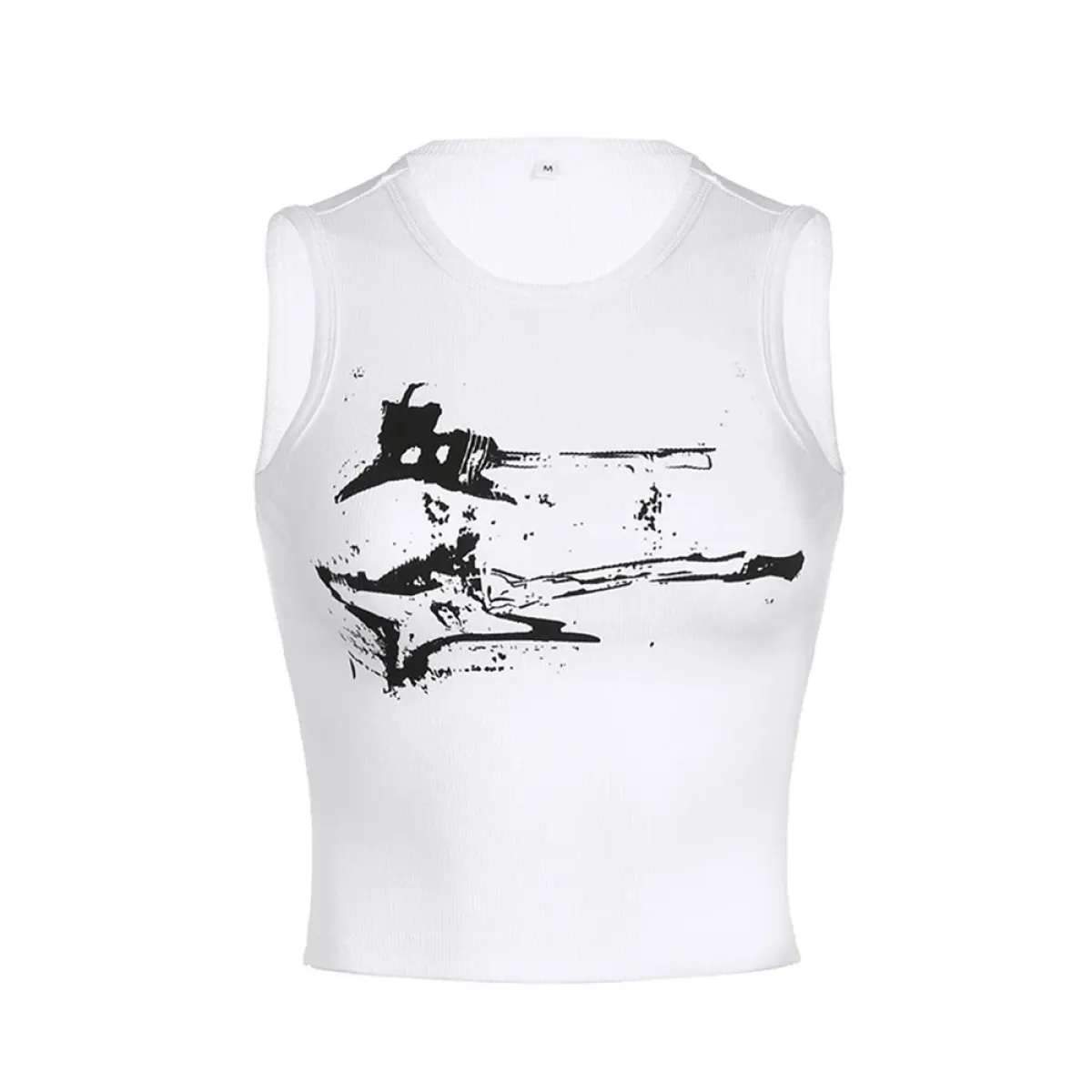 Guitar Print Tank Top - Ribbed Grunge Crop Top