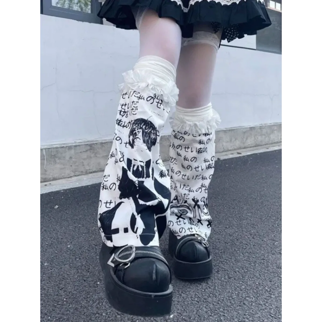 Black & White Harajuku Leg Warmers – Gothic Print & Lace Trim