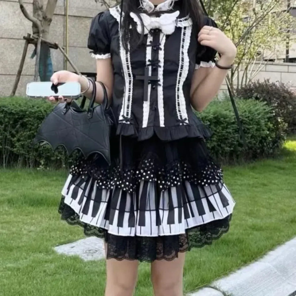 Piano Print Cake Skirt – Harajuku Punk Y2K Lace Trimmed