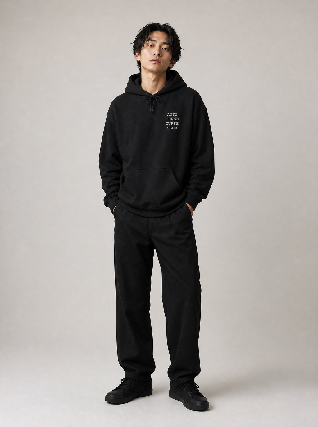 Worn by a Japanese model: Anti Curse Curse Club Chest Logo Hoodie