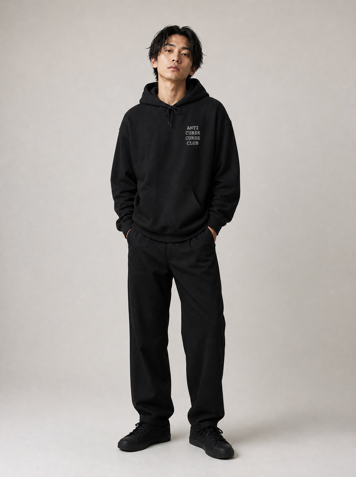 Worn by a Japanese model: Anti Curse Curse Club Chest Logo Hoodie