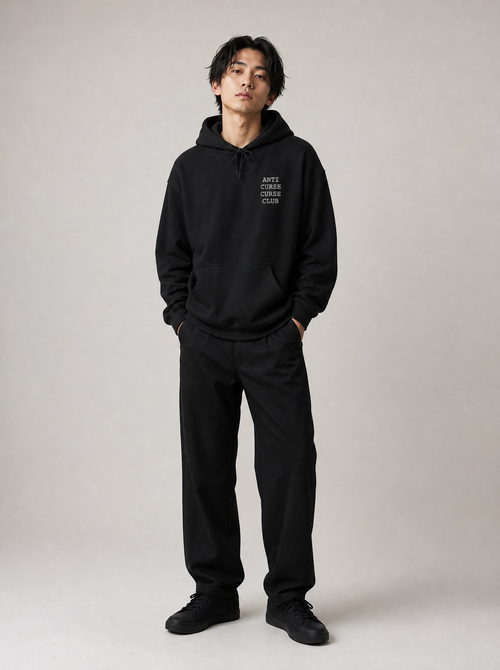Worn by a Japanese model: Anti Curse Curse Club Chest Logo Hoodie