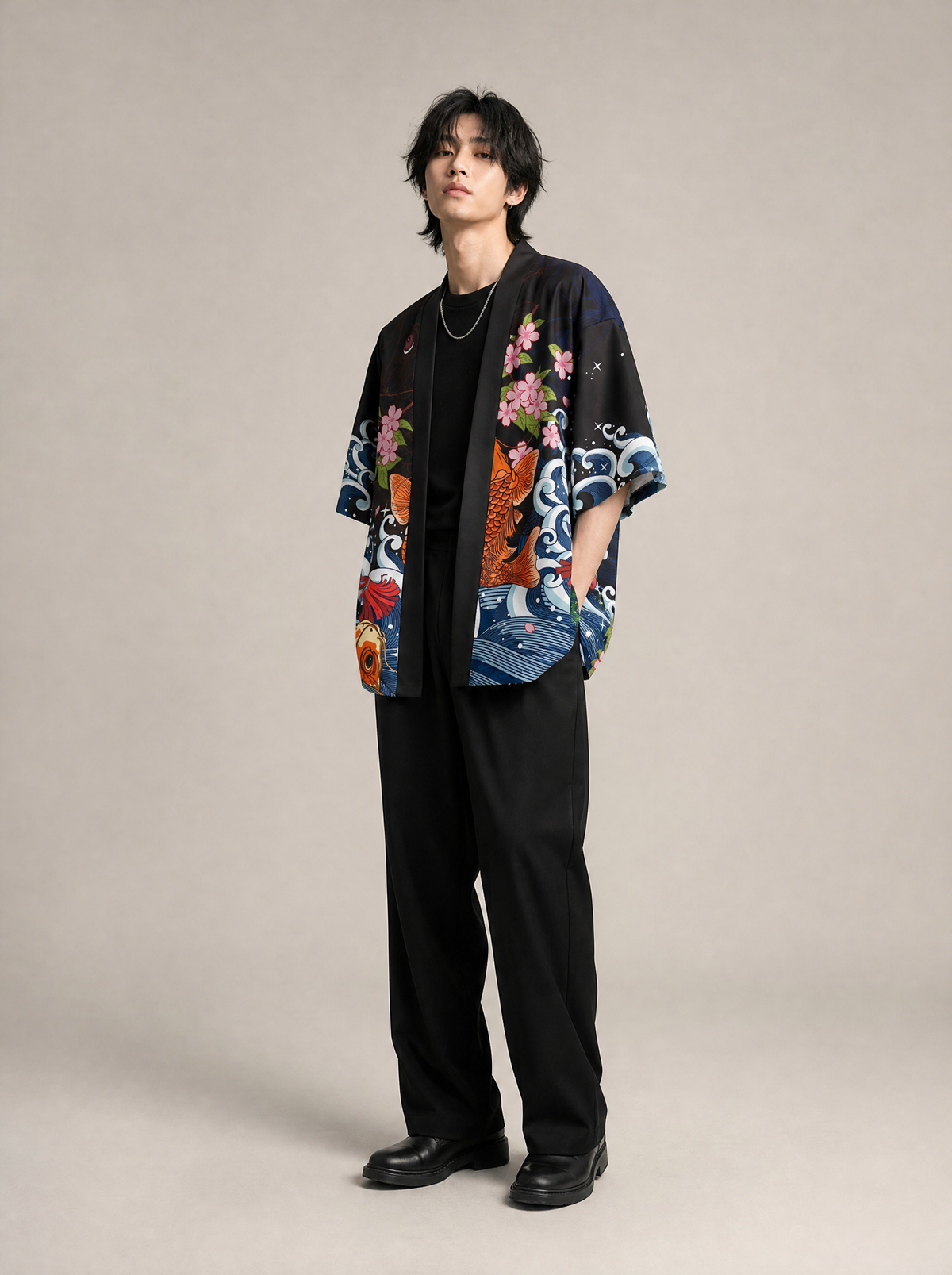 Worn by a Japanese male model: K04 Koi Paradise Kimono