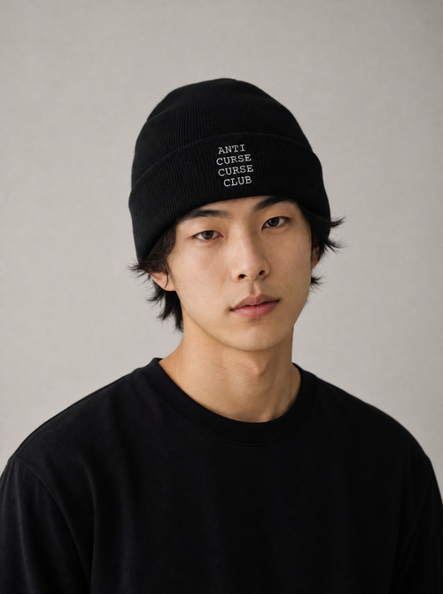 Worn by a Japanese male model: Anti Curse Crew Beanie