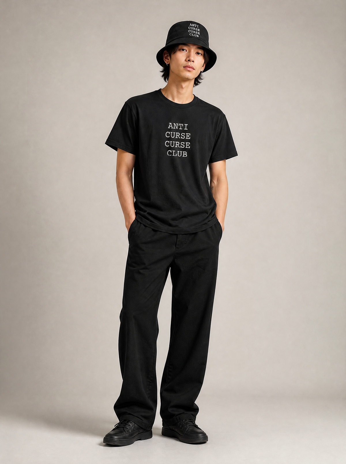 Worn by a Japanese male model: Club Starter Set: Distressed Type Tee + Bucket Hat