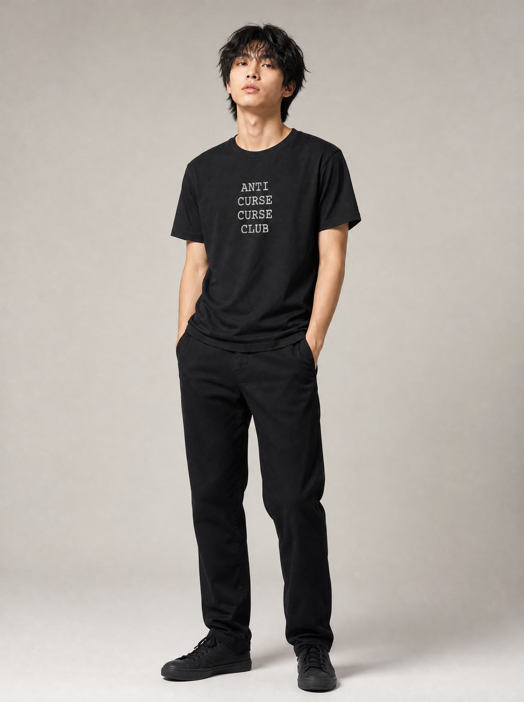 Worn by a Japanese male model: Anti Curse Curse Club Distressed Type Tee