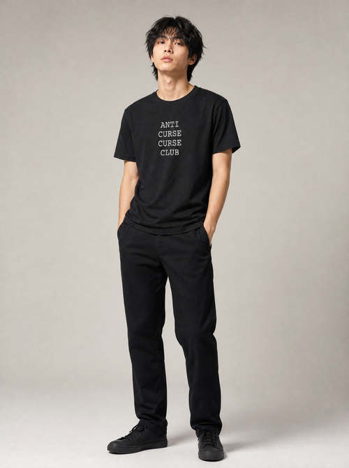 Worn by a Japanese male model: Anti Curse Curse Club Distressed Type Tee