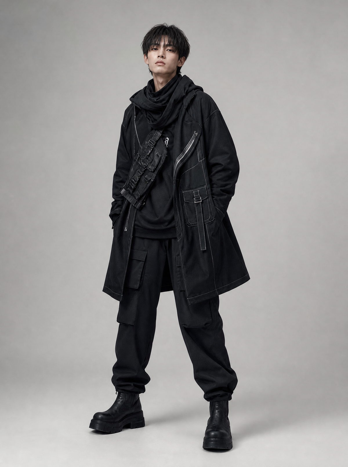 Worn by a Japanese male model: Techwear Kit: Dark Revolution Jacket + Crossbody Bag