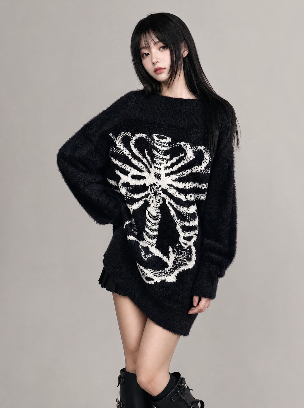 Skull Print Knit Sweater worn by model