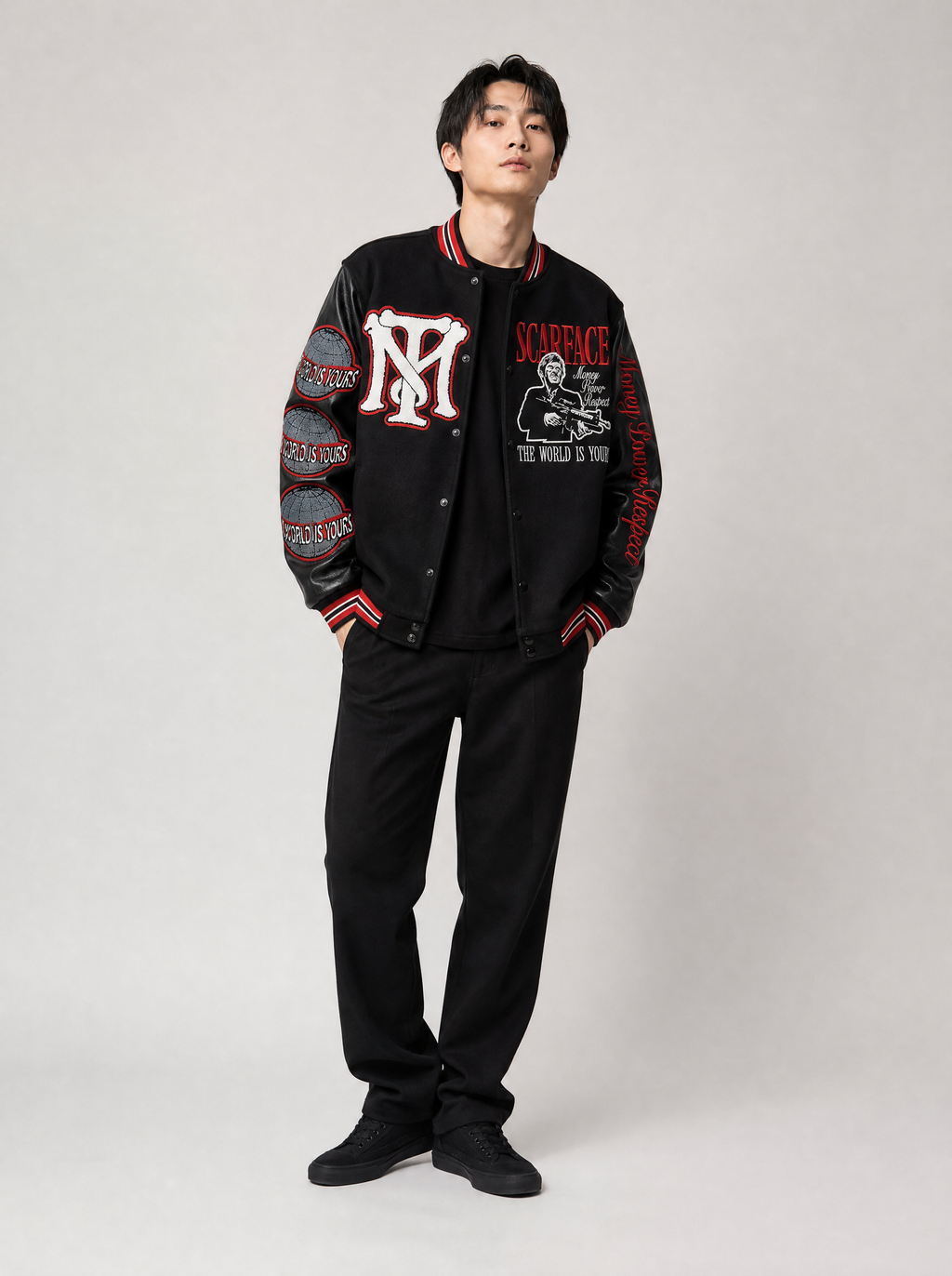 Scarface Vegan Leather Varsity Jacket worn by model