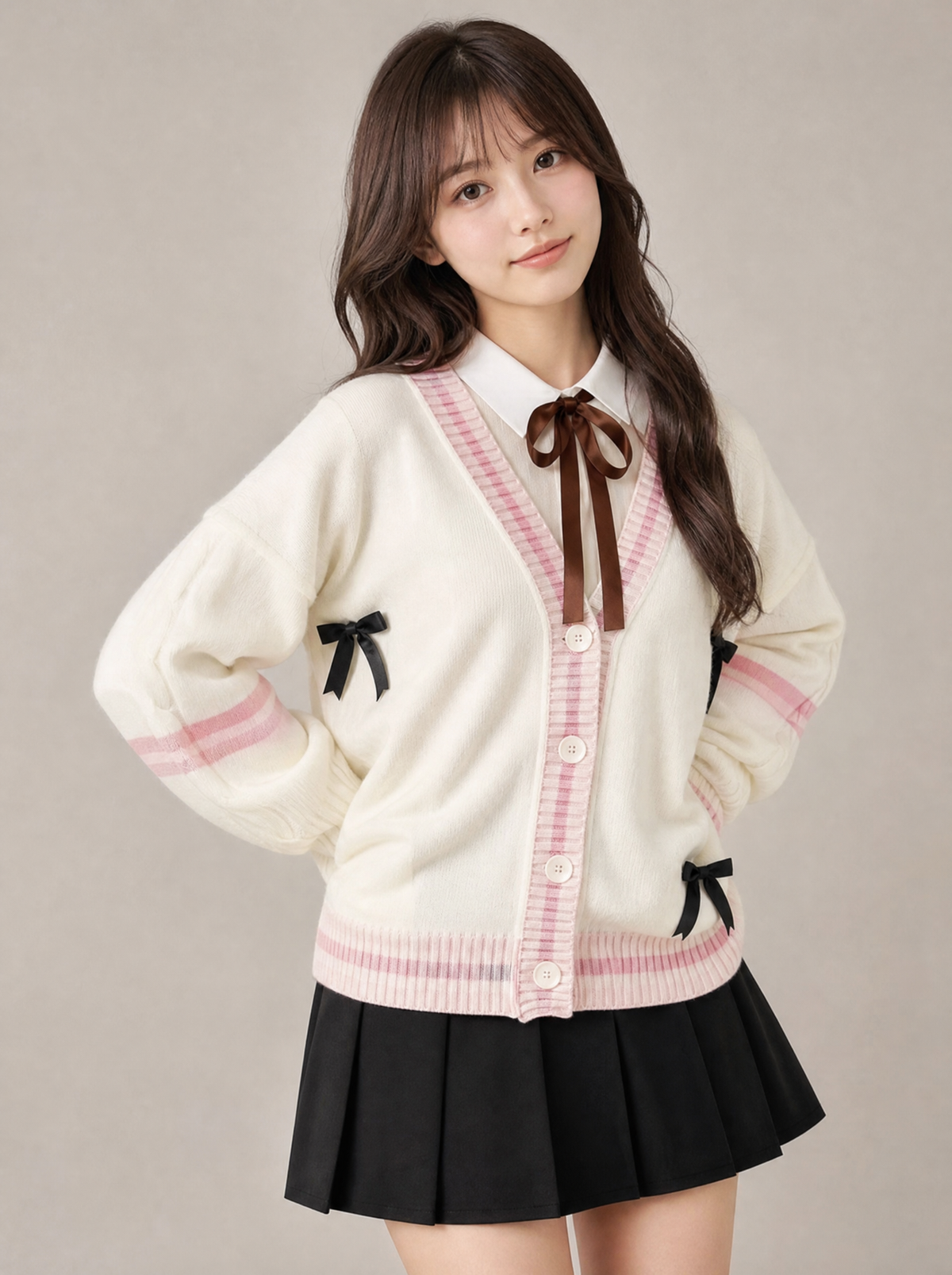 Worn by a Japanese female model: Bow Knit Cardigan