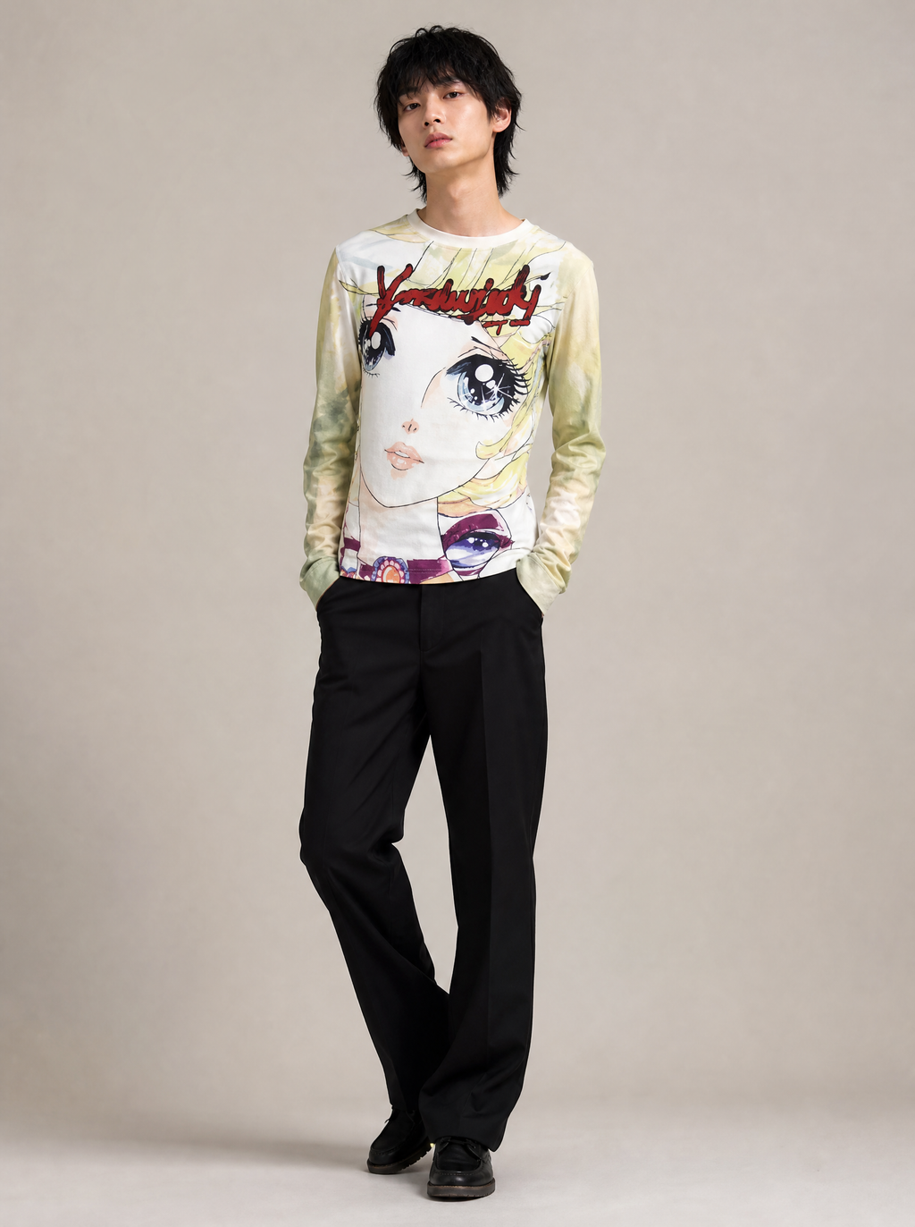 Worn by a Japanese male model: Anime Print Long Sleeve Tee