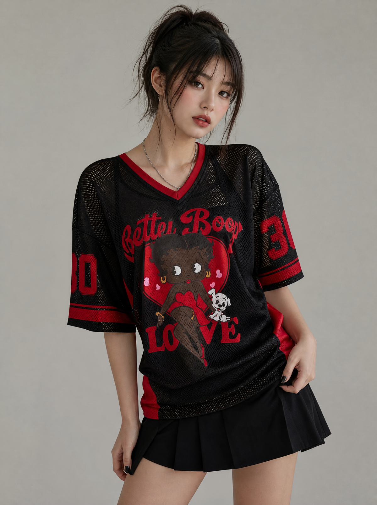 Worn by a Japanese female model: Vintage Doll Print Mesh Top