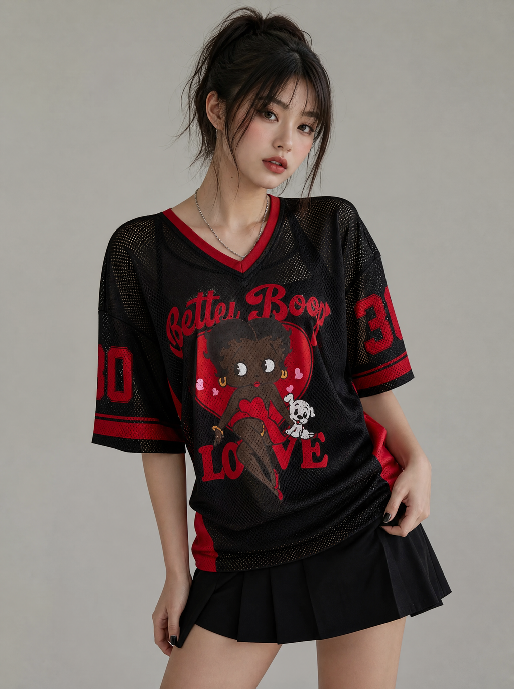 Vintage Doll Print Mesh Top worn by model