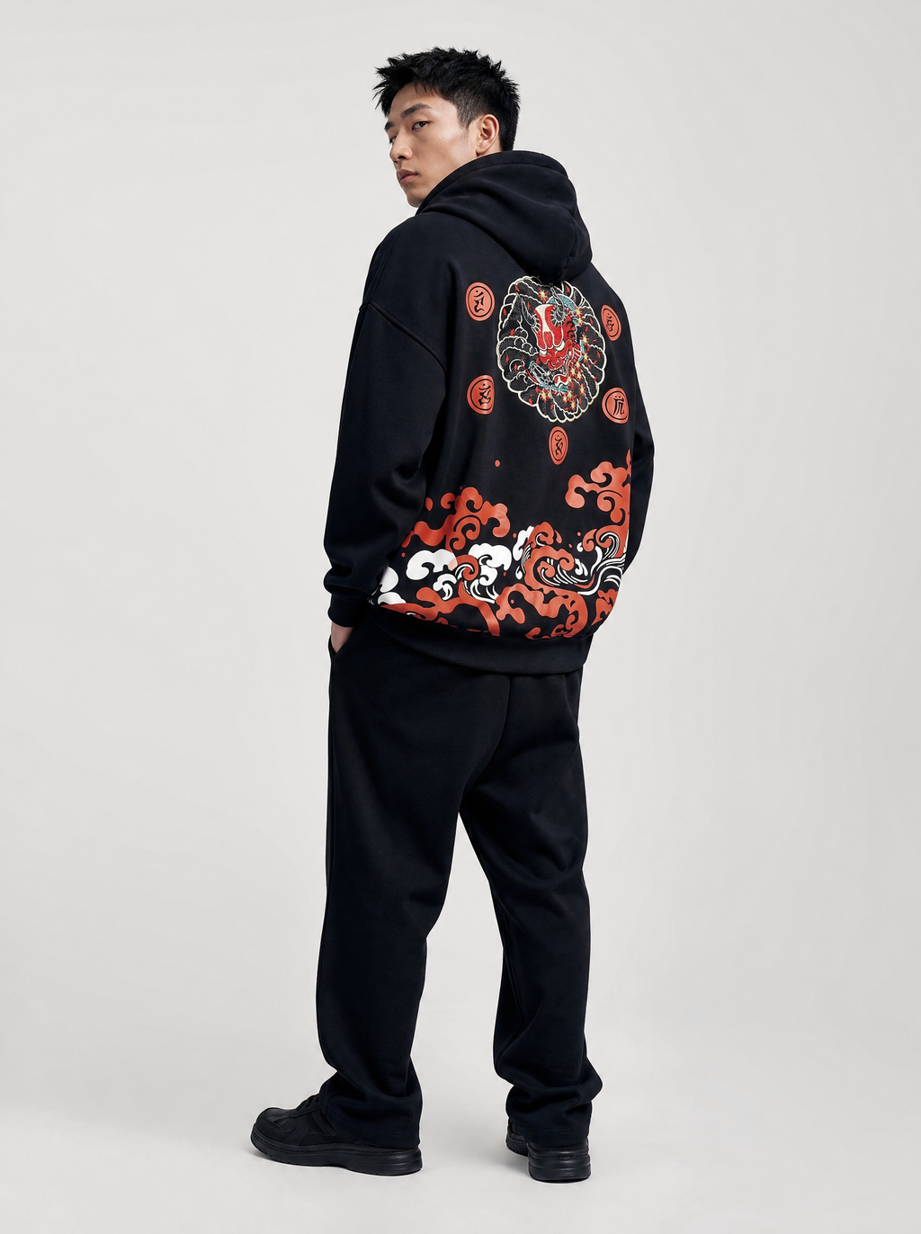 Worn by a Japanese male model: Red Oni Embroidered Hoodie