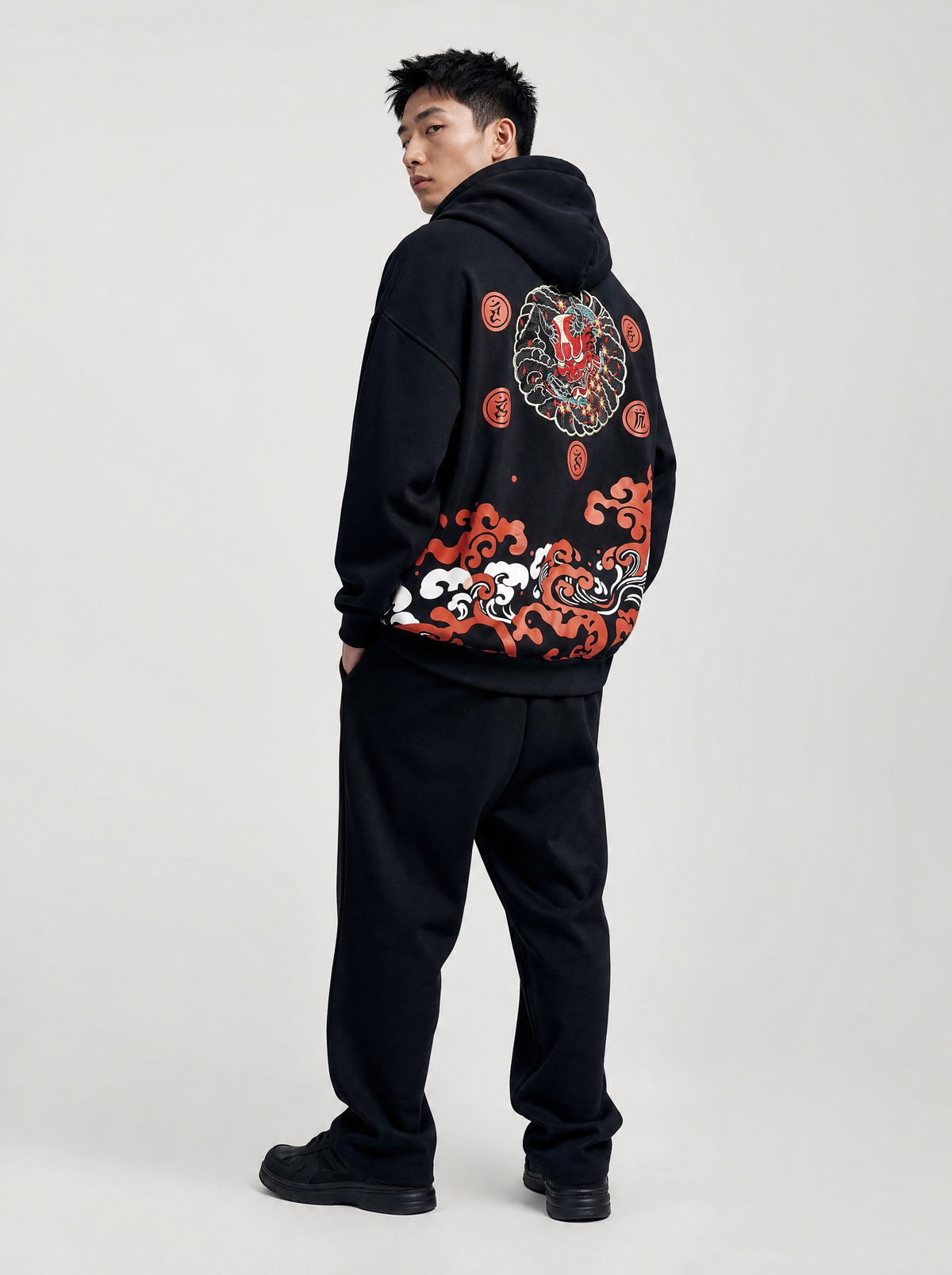 Worn by a Japanese male model: Red Oni Embroidered Hoodie