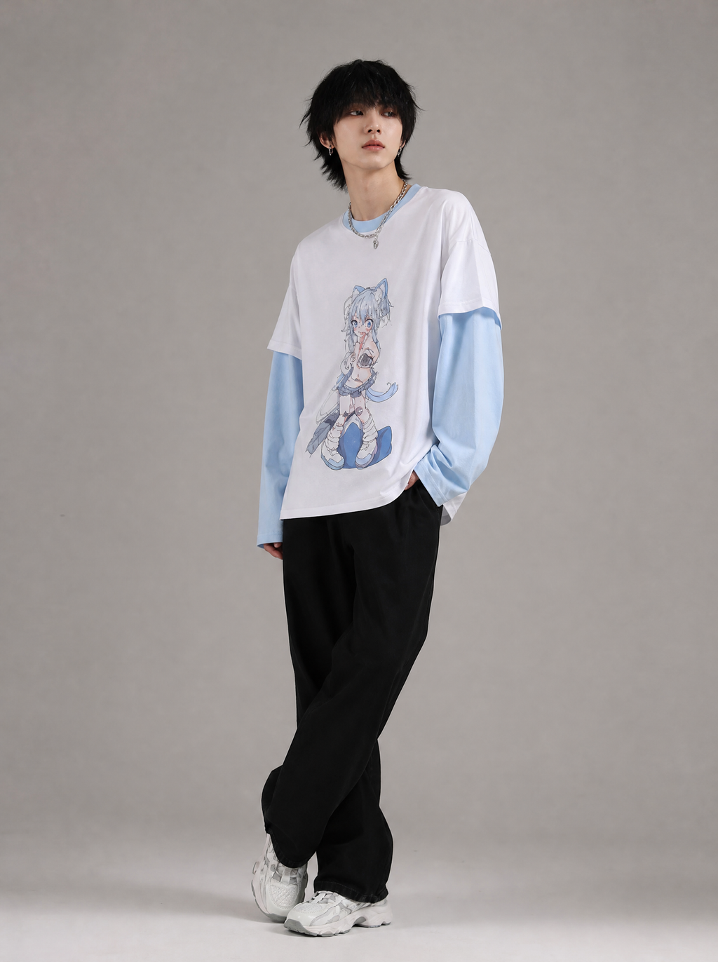 Detachable Sleeve Anime Top worn by model