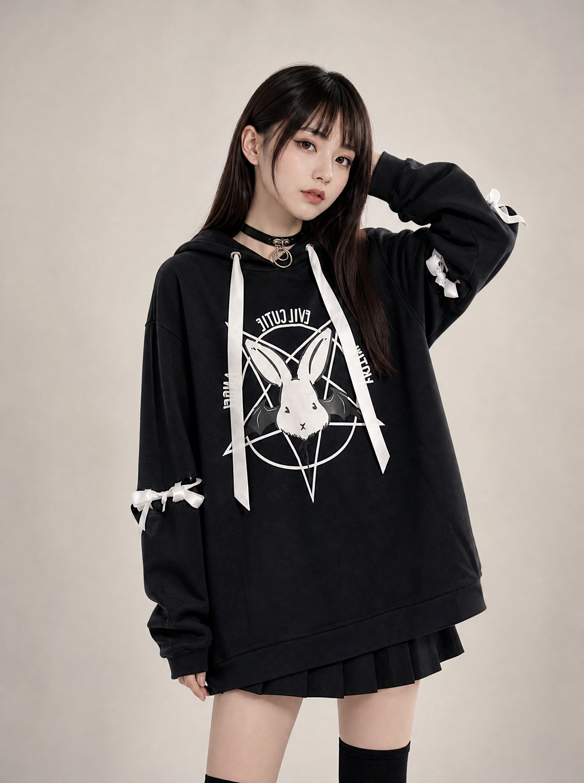 Worn by a Japanese female model: Harajuku Bunny Hoodie