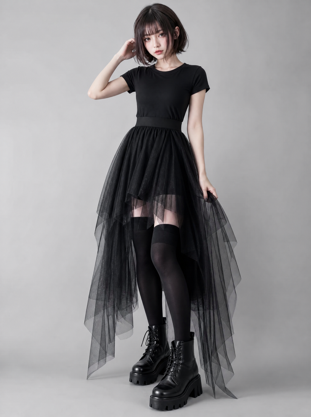 Worn by a Japanese female model: Gothic Harajuku Irregular Tulle Skirt