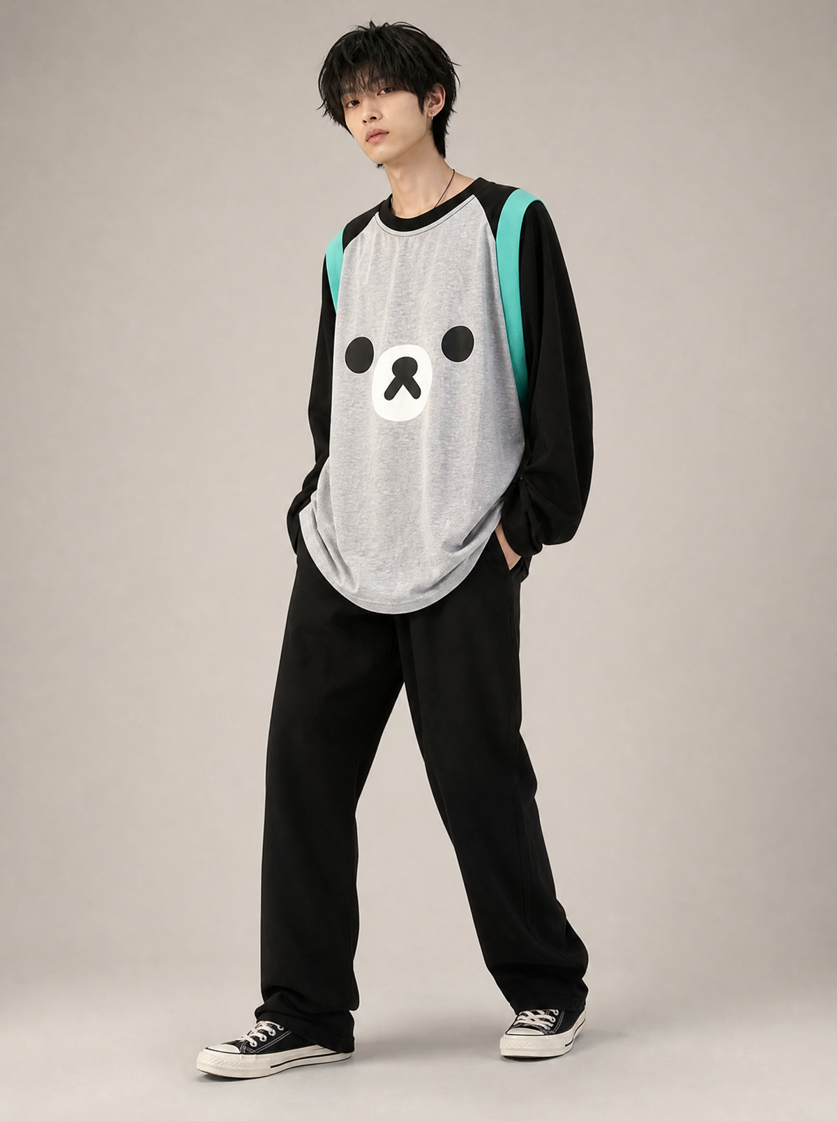 Worn by a Japanese male model: Kawaii Bear Oversized Long Sleeve Tee